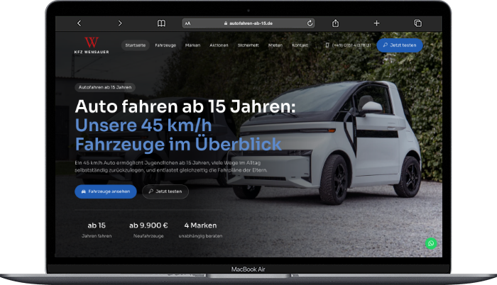 Website Autofahren ab 15 von KFZ Wensauer auf einem MacBook Air, umgesetzt von der MF Marketing GmbH
