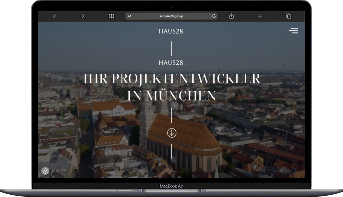 Website HAUS28 Projektentwickler München auf einem MacBook Air, umgesetzt von der MF Marketing GmbH