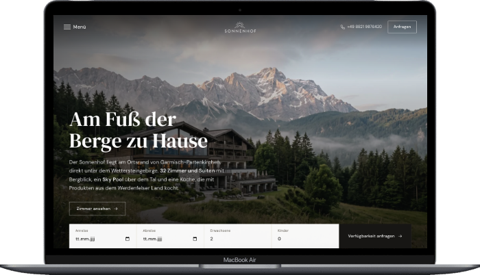 Website Hotel Restaurant Sonnenhof auf einem MacBook Air, umgesetzt von der MF Marketing GmbH
