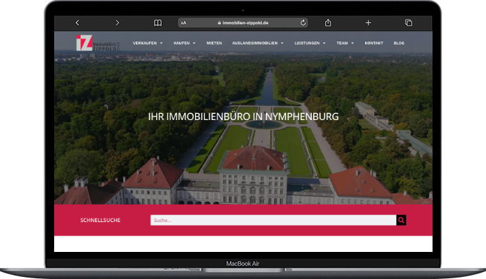 Website Immobilien Zippold München-Nymphenburg auf einem MacBook Air, umgesetzt von der MF Marketing GmbH