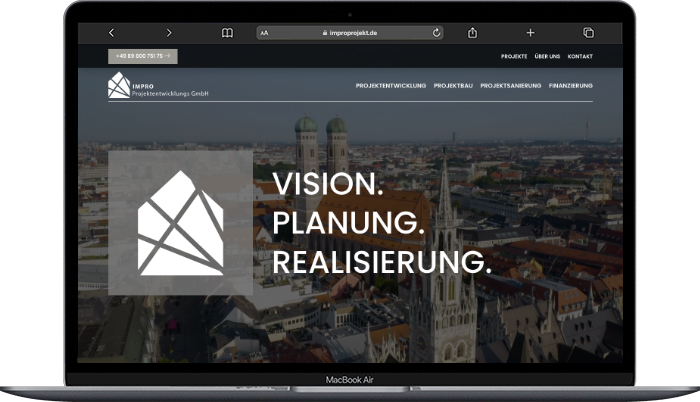 Website Impro Projektentwicklungs GmbH München auf einem MacBook Air, umgesetzt von der MF Marketing GmbH