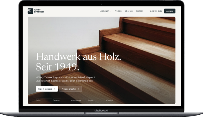 Website Schreinerei Rudolf Zirnbauer auf einem MacBook Air, umgesetzt von der MF Marketing GmbH